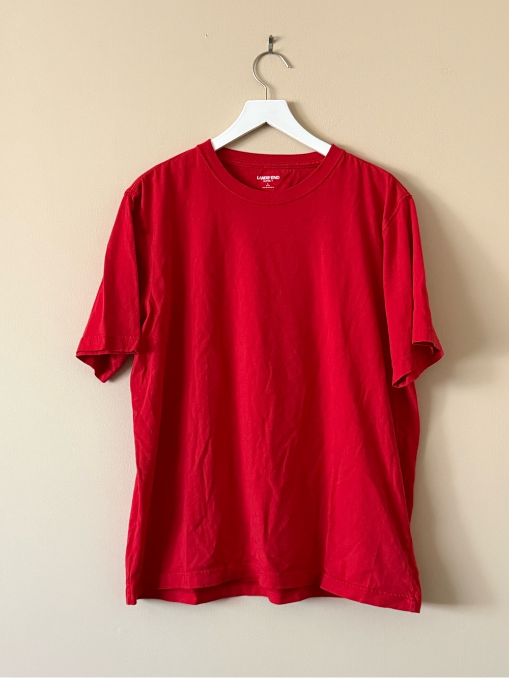 Lands' End Super-T Men's Red Solid Crew Neck Short Sleeve Tagless Tee Large